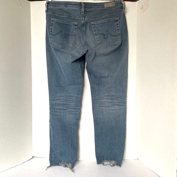 AG Prima Mid Rise Cigarette Crop Jean Womens 31 Blue Distressed Raw Hem Stretch - Picture 2 of 10